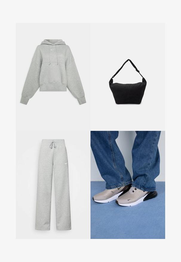 Γκρι κοντό hoodie φτιαγμένο από μαλακό ύφασμα. Διαθέτει ρυθμιζόμενη κουκούλα με κορδόνι, φαρδιές μανίκες και ένα μικρό λογότυπο μπροστά.; Γκρίζα φόρμα με ελαστική μέση, λεπτομέρεια με κορδόνι και μικρό λευκό λογότυπο Nike στο αριστερό μηρό. Μαλακό ύφασμα, χαλαρή εφαρμογή.; Γκρίζα αθλητικά παπούτσια με πλέγμα στην επιφάνεια, μαύρες λεπτομέρειες και λευκή σόλα. Φορεμένα με χαλαρές μπλε τζιν παντελόνες, που καλύπτουν εν μέρει τις άκρες των παπουτσιών.; Μαύρη υφασμάτινη τσάντα ώμου με μαλακή υφή, στρογγυλή μορφή και έναν μόνο ιμάντα. Μινιμαλιστικός σχεδιασμός χωρίς ορατό υλικό ή αξεσουάρ.