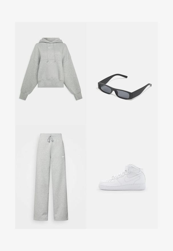 Grå cropped hoodie lavet af blødt materiale. Har en justerbar hætte med snoretræk, brede ærmer og et lille logo på forsiden.; Grå sweatpants med elastisk talje, snor detaljer og et lille hvidt Nike-logo på venstre lår. Blødt stof, løs pasform.; Hvide høj-top sneakers lavet af læder med polstret krave, perforeret tå, snørebånd og justerbar ankelrem; logo på siden.; Sorte rektangulære solbriller med mørke linser og tykke matte stel. Armen er let tilspidset med en glat overflade.