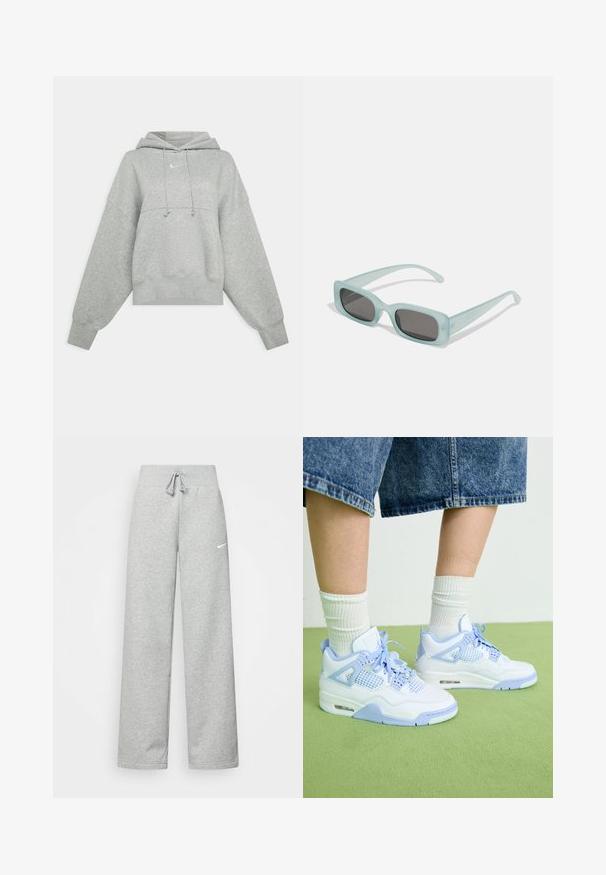 Grå cropped hoodie lavet af blødt materiale. Har en justerbar hætte med snoretræk, brede ærmer og et lille logo på forsiden.; Grå sweatpants med elastisk talje, snor detaljer og et lille hvidt Nike-logo på venstre lår. Blødt stof, løs pasform.; Hvide og lyseblå sneakers med mesh-detaljer, rund tå, snørebånd og en luftdæmpningsenhed, parret med hvide ribbede sokker og denimshorts.; Et par rektangulære solbriller med lyseblå gennemsigtige stel og mørkegrå linser, der har lige templer og minimale hardware detaljer.