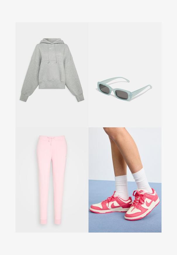 Γκρι κοντό hoodie φτιαγμένο από μαλακό ύφασμα. Διαθέτει ρυθμιζόμενη κουκούλα με κορδόνι, φαρδιές μανίκες και ένα μικρό λογότυπο μπροστά.; Ανοιχτό ροζ φόρμες με ελαστική μέση, σε στενή γραμμή και κεντημένο λογότυπο στο μηρό. Μαλακή, απαλής υφής υφάσματος.; Nike αθλητικά παπούτσια σε ροζ και κρέμ δέρμα, με τρυπητή μύτη, κορδόνια και λευκές κάλτσες. Διαθέτουν λογότυπο στο πλάι και στη φτέρνα, με επίπεδη σόλα.; Ενα ζευγάρι ορθογώνια γυαλιά ηλίου με ανοιχτό μπλε ημιδιαφανείς σκελετούς και σκούρους γκρι φακούς, διαθέτοντας ίσιες βραχίονες και ελάχιστες λεπτομέρειες υλικών.