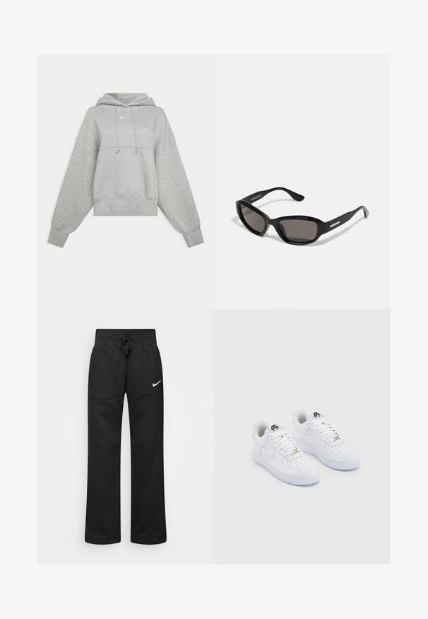 Sweat-shirt court gris en tissu doux. Dispose d'une capuche réglable avec cordon, de manches larges et d'un petit logo à l'avant.; Pantalons de survêtement noirs en mélange de coton, dotés d'une taille élastique avec cordon de serrage, de jambes droites et d'un logo Nike blanc sur le côté gauche.; Baskets Nike Air Force 1 blanches avec une tige en cuir lisse, un embout perforé, des lacets blancs et un logo noir sur la languette.; Lunettes de soleil noires avec une monture rectangulaire, des verres sombres, un matériau plastique lisse et un accent métallique sur la branche.