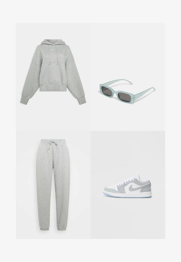 Grijze cropped hoodie van zacht materiaal. Heeft een verstelbare trekkoordcapuchon, brede mouwen en een klein logo op de voorkant.; Grijze sweatpants met elastische tailleband, verstelbare trekkoord en geribbelde manchetten. Gemaakt van zachte stof; heeft twee zijzakken.; Nike-sneakers met een mix van grijs en wit leer, geperforeerde neus, veters en een lichtblauwe buitenzool met logo-ontwerp.; Een paar rechthoekige zonnebrillen met lichtblauwe doorzichtige monturen en donkergrijze glazen, met rechte pootjes en minimale hardwaredetails.