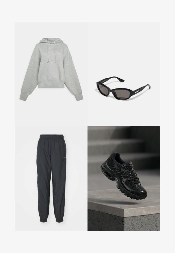 Hallid hall kapuutsviidrik, mis on valmistatud pehmest kangast. Omab reguleeritavat kapuutsi, laiu varrukaid ja väikest logo ees.; Mustad Nike spordipüksid, mis on valmistatud kergest kangast, elastse vöökoha ja mansettidega, vasaku jala peal on väike valge logo.; Must Nike jooksujalatsite võrkkangas ja sünteetilise pealiskihiga, hõljub betoonpinna ja tähtede kohal taustal.; Mustad prillid, millel on ristkülikukujuline raam, tumedad objektiivid, sile plastikmaterjal ja metallist aksent tempel.
