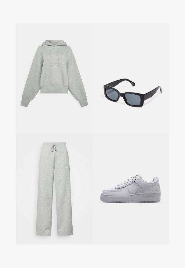 Sweat-shirt court gris en tissu doux. Dispose d'une capuche réglable avec cordon, de manches larges et d'un petit logo à l'avant.; Pantalon de survêtement gris avec une taille élastique, un détail de cordon de serrage et un petit logo Nike blanc sur la cuisse gauche. Tissu doux, coupe ample.; Basket en cuir lisse gris Nike Air Force 1 avec un bout perforé, une semelle épaisse et un détail 'AIR' en relief sur le talon.; Lunettes de soleil rectangulaires noires avec des verres teintés foncés, monture en plastique épaisse et branches larges. Surface lisse et design angulaire.