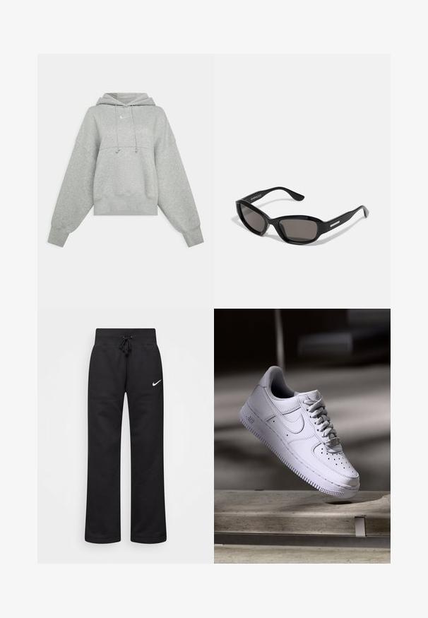 Γκρι κοντό hoodie φτιαγμένο από μαλακό ύφασμα. Διαθέτει ρυθμιζόμενη κουκούλα με κορδόνι, φαρδιές μανίκες και ένα μικρό λογότυπο μπροστά.; Μαύρο φόρμα από μείγμα βαμβακιού, με ρυθμιζόμενη μέση και ίσια πόδια, και άσπρο λογότυπο Nike στη αριστερή πλευρά.; Λευκό αθλητικό παπούτσι Nike Air Force 1 να αιωρείται πάνω από μια επιφάνεια από σκυρόδεμα με σκιές σε ένα μινιμαλιστικό περιβάλλον.; Μαύρα γυαλιά ηλίου με ορθογώνιο σκελετό, σκούρους φακούς, λεία πλαστική υφή και μεταλλική λεπτομέρεια στο βραχίονα.