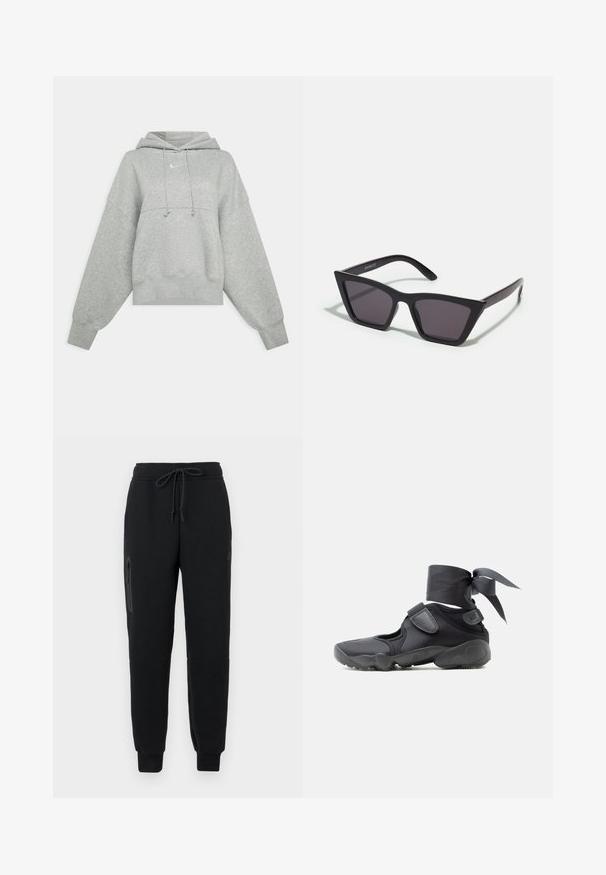 Grå cropped hoodie lavet af blødt materiale. Har en justerbar hætte med snoretræk, brede ærmer og et lille logo på forsiden.; Sorte sweatpants med snoretræk i taljen, lynlåslomme i siden og tætsiddende nederste kant. Fremstillet af blødt, struktureret stof.; Sort atletiksko med udskæringer, velcrolukninger og ankelrem bundet i en sløjfe, vist fra siden på en hvid baggrund.; Sorte, kantede solbriller med grå linser; lavet af plast, med tykke stænger med en glat overflade og ingen synlig hardware.