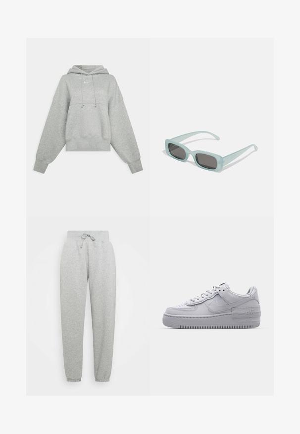 Grå cropped hoodie lavet af blødt materiale. Har en justerbar hætte med snoretræk, brede ærmer og et lille logo på forsiden.; Grå sweatpants med elastisk talje, justerbar snøre og ribbede manchetter. Lavet af blødt stof; har to sidelommer.; Grå Nike Air Force 1 sneakers med perforeret tå, glat læderoverdel, tyk sål og præget 'AIR' detalje på hælen.; Et par rektangulære solbriller med lyseblå gennemsigtige stel og mørkegrå linser, der har lige templer og minimale hardware detaljer.