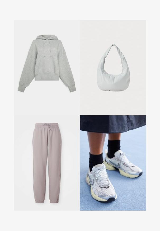 Grå cropped hoodie lavet af blødt materiale. Har en justerbar hætte med snoretræk, brede ærmer og et lille logo på forsiden.; Lys mauve fleece sweatpants med elastisk talje, snor, sidelommer og elastiske manchetter, vist fladt mod en hvid baggrund.; Hvide og sølv Nike sneakers med mesh-stof, reflekterende detaljer og en beige sål. Bæres med sorte sokker og står på en blå overflade.; Blød, lys grå hobo-taske lavet af syntetisk materiale. Har et enkelt polstret håndtag og en lynlåslomme på siden.