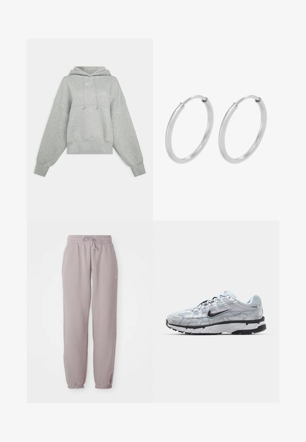 Sudadera recortada gris hecha de tejido suave. Cuenta con una capucha ajustable con cordón, mangas anchas y un pequeño logo en la parte delantera.; Pantalones de chándal de polar en color malva claro con cintura elástica, cordón ajustable, bolsillos laterales y puños elásticos, mostrados planos sobre un fondo blanco.; Zapatillas Nike P-6000 con parte superior de malla gris claro, acentos negros y suela de goma negra duradera. Presentan un diseño intrincado y un sistema de cordones.; Pendientes de aro de plata, forma circular, textura lisa y brillante, y ancho constante en toda su extensión. Diseño minimalista sin acentos adicionales.