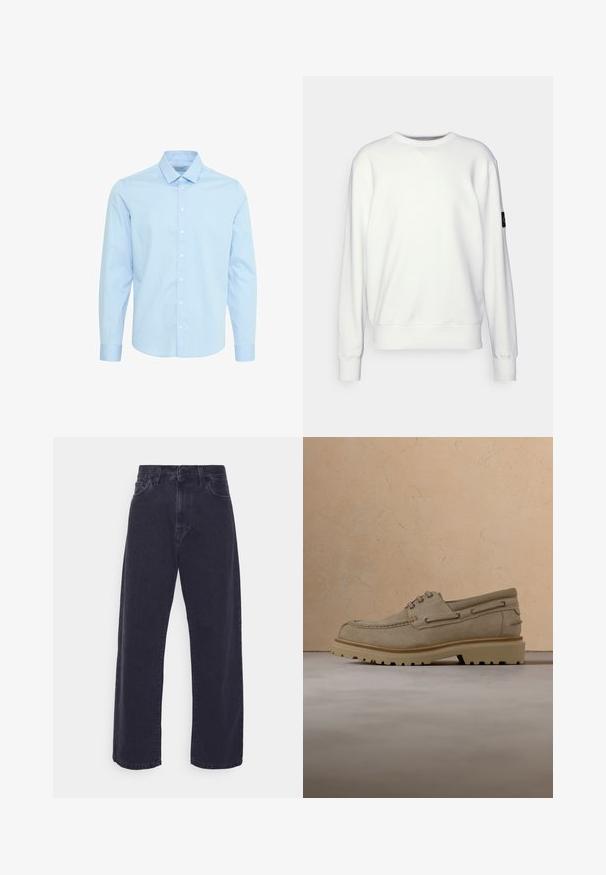 Hvid sweatshirt med rund hals, ribbestrikkede manchetter og kant, prydet med et lille sort logo på venstre ærme. Glat tekstur, afslappet design.; Lyseblå langærmet skjorte lavet af bomuld, med et ternet mønster, knaplukning fortil og en standard krave med knapmanchetter.; Mørk vaske denim jeans med en bred ben silhuet, høj talje og fem-lomme design. Har en klassisk knap- og lynlåslukning.; Beige ruskind casual snørestøvle med tyk, rillet sål, vist i luften over matchende beige struktureret overflade og baggrund.