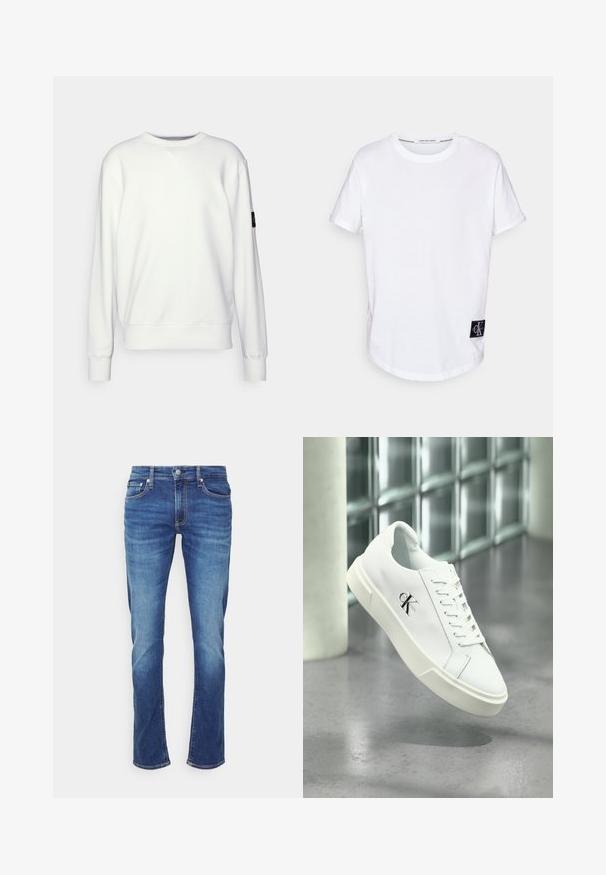 Weißes Sweatshirt mit Rundhalsausschnitt, gerippten Bündchen und Saum, mit kleinem schwarzem Logo auf dem linken Ärmel. Glatte Textur, lässiges Design.; Weißes Baumwoll-T-Shirt mit umgeschlagenen Kurzärmeln, abgerundetem Saum und einem schwarzen Logotag mit "CK" auf der unteren linken Seite.; Blaue Denim-Jeans mit ausgewaschenen Effekten, Frontknopf- und Reißverschluss sowie Fünf-Taschen-Design vor weißem Hintergrund.; Weißer Calvin Klein Sneaker mit Schnürsenkeln, schwebend über einem polierten Betonboden und einer Glasbausteinwand im Hintergrund dargestellt.