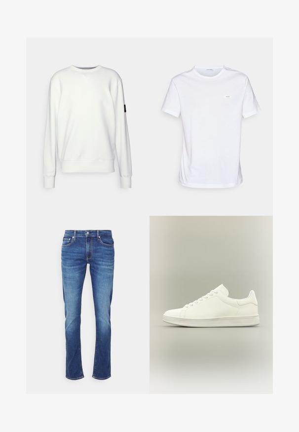 Weißes Sweatshirt mit Rundhalsausschnitt, gerippten Bündchen und Saum, mit kleinem schwarzem Logo auf dem linken Ärmel. Glatte Textur, lässiges Design.; Weißes Baumwoll-T-Shirt mit kurzen Ärmeln, Rundhalsausschnitt und einem kleinen Markenlabel auf der Brust. Glatte Textur und minimalistisches Design.; Blaue Denim-Jeans mit ausgewaschenen Effekten, Frontknopf- und Reißverschluss sowie Fünf-Taschen-Design vor weißem Hintergrund.; Minimalistischer weißer Sneaker mit niedrigem Schaft und Schnürsenkeln, glattem Lederobermaterial und strukturiertem Gummisohlenprofil, präsentiert vor neutralem Hintergrund.