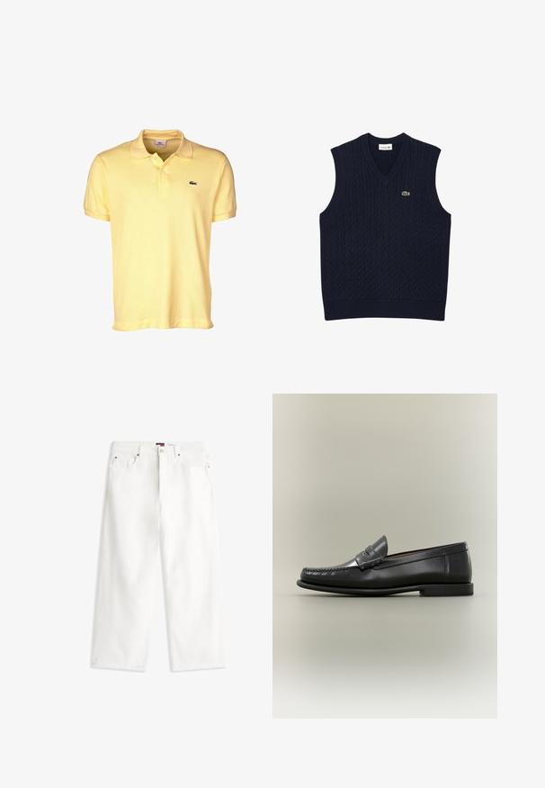 Lacoste Jersey de punto - bleu marine vert; Polo amarillo hecho de algodón, con un cuello de dos botones, mangas cortas y un pequeño logo de cocodrilo negro en el pecho.; Vaqueros blancos de tiro alto y pierna ancha con botón y cremallera delanteros, cinco bolsillos y una pequeña etiqueta con el logo en la cintura.; Mocasín de hombre de cuero negro con diseño moc-toe, tira de tipo penny y tacón bajo sobre fondo neutro.