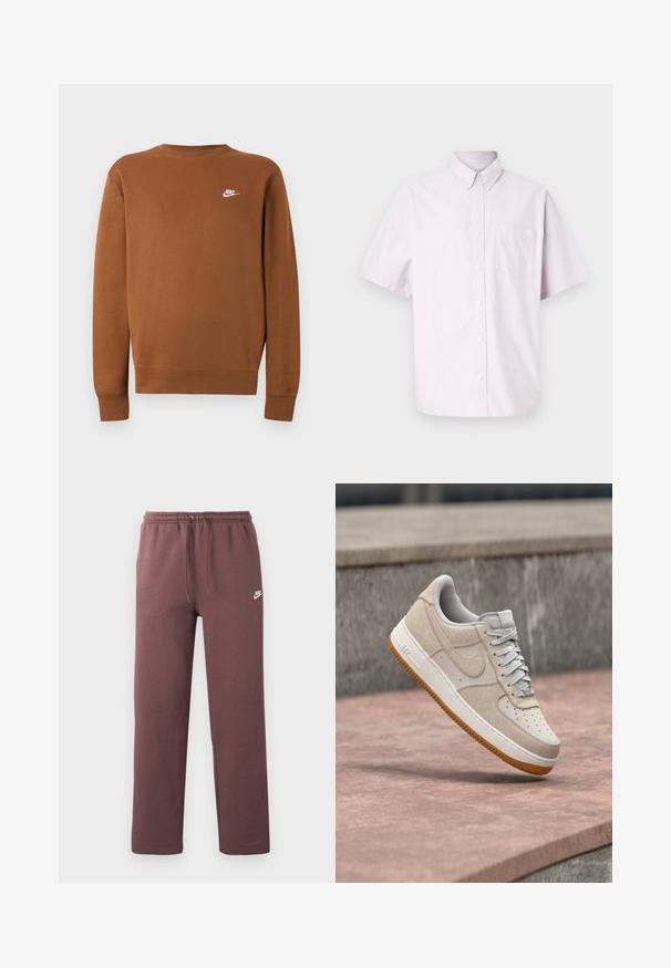 Καφέ φούτερ Nike με μακρύ μανίκι και στρογγυλή λαιμόκοψη και μικρό λευκό λογότυπο στο αριστερό μέρος του στήθους, εμφανίζεται σε απλό ανοιχτό γκρι φόντο.; Πουκάμισο με κοντό μανίκι και κουμπιά από βαμβάκι σε ανοιχτό λεβαντί, με κλασικό γιακά και τσέπη στο αριστερό μέρος του στήθους, με απαλό ύφασμα.; Καφέ φόρμα Nike με ελαστική μέση και κορδόνι, με μικρό λευκό λογότυπο Nike στο αριστερό μηρό.; Μπεζ και λευκό αθλητικό παπούτσι Nike Air Force 1 με καφέ σόλα, αιωρούμενο πάνω από ροζ πέτρινη επιφάνεια με γκρι πέτρινο φόντο.