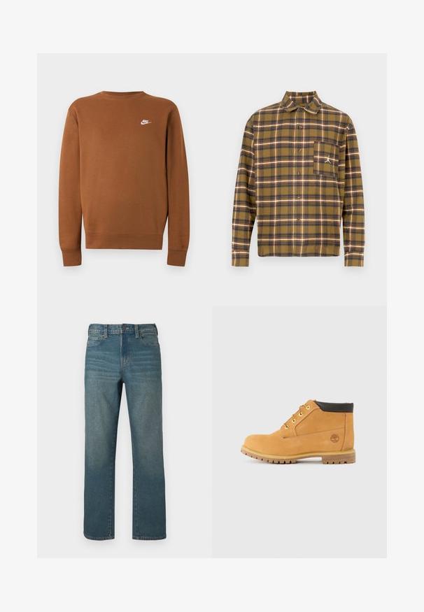 Hnedá mikina Nike s dlhým rukávom a okrúhlym výstrihom a malým bielym logom na ľavej strane hrudníka, zobrazená na jednofarebnom svetlošedom pozadí.; Hnedá kockovaná košeľa z mäkkej látky, so zapínaním na gombíky vpredu, preloženým golierom a ľavým náprsným vreckom s bielym logom.; Džínsy z rifľoviny v stredne modrej farbe, rovný strih, so zapínaním na gombík, piatimi vreckami a svetlým vyblednutím na prednej strane.; Kožené stredné topánky v tan farbe s okrúhlou špičkou, hnedými akcentmi, žltými kovovými očkami a robustnou podrážkou. Logo Timberland je embosované na boku.