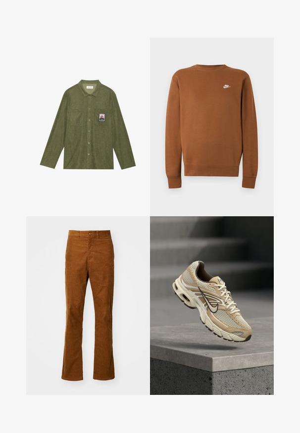 Καφέ φούτερ Nike με μακρύ μανίκι και στρογγυλή λαιμόκοψη και μικρό λευκό λογότυπο στο αριστερό μέρος του στήθους, εμφανίζεται σε απλό ανοιχτό γκρι φόντο.; Ελαιοπράσινο πουκάμισο καμπαρντίνας με μακριά μανίκια, κλείσιμο με κουμπιά, δύο τσέπες στο στήθος και ένα ραφτό σχέδιο βουνού στην αριστερή τσέπη.; Καφέ κοτλέ φαρδιά παντελόνια με επίπεδο μπροστινό μέρος, μία κουμπί μπροστά και πλάγιες τσέπες. Η υφή είναι ραβδωτή, προσφέροντας μια απαλή και ανθεκτική αίσθηση.; Μπεζ και λευκό παπούτσι τρεξίματος Nike με πλέγματα και μαύρο λογότυπο Swoosh, να αιωρείται πάνω από μια τσιμεντένια άκρη με θολά σκαλοπάτια στο φόντο.