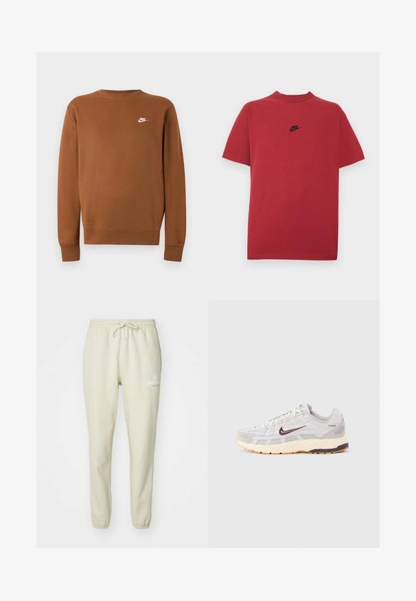 Ruskea pitkähiha Nike-collegetakki pyöreällä kaula-aukolla ja pienellä valkoisella logolla vasemmassa rinnassa, esitetty yksivärisellä vaaleanharmaalla taustalla.; Punainen puuvillainen t-paita, jossa on musta Nike-logo rinnassa, lyhyet hihat, pyöreä pääntie ja normaali istuvuus. Sileä rakenne.; Harmattanbeige verkkarit, jotka on valmistettu pehmeästä kankaasta. Niissä on joustava vyötärö, jossa on nauha, käännetyt nilkat ja pieni painettu logotyyppi.; Miesten juoksukenkä vaaleanharmaana ja kermanvärisenä, hengittävällä verkkopäällisellä, tummanpunaisella Nike-logoilla, pehmustetulla kauluksella ja kuvioidulla pohjalla.