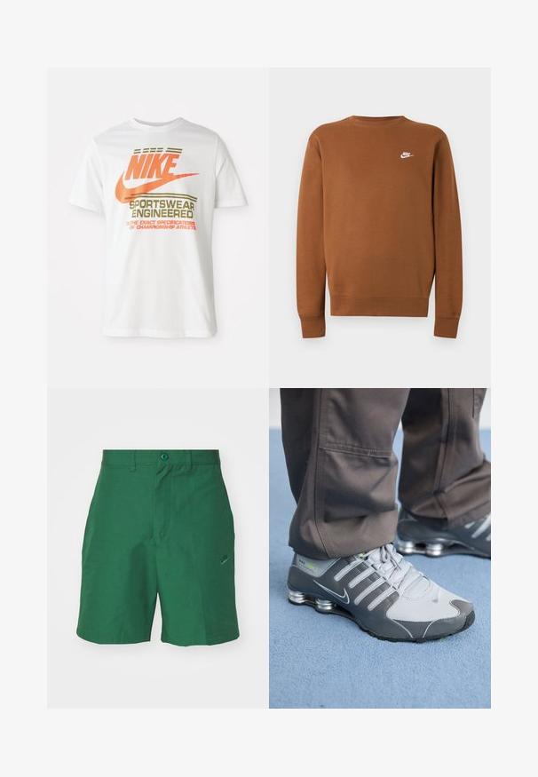 Sudadera marrón de manga larga de Nike con cuello redondo y pequeño logo blanco en el pecho izquierdo, mostrada sobre un fondo liso gris claro.; Camiseta de algodón blanca con un gran logo naranja de "NIKE" y texto verde que dice "SPORTSWEAR ENGINEERED" junto con especificaciones adicionales.; Pantalones cortos tejidos en verde con un frente plano, dos bolsillos laterales y un discreto logotipo de Nike bordado en la pierna izquierda. Cuenta con un cierre de botón.; Las zapatillas Nike Shox en gris y plata tienen un diseño elegante, con materiales de malla y sintéticos, punta redondeada y un collar acolchado.