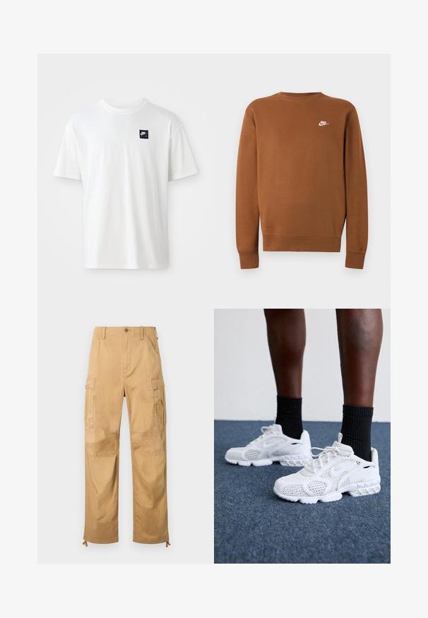 Bruine lange mouwen Nike sweater met ronde hals en klein wit logo op de linkerborst, afgebeeld op een effen lichtgrijze achtergrond.; Witte katoenen t-shirt met korte mouwen en een ronde hals; heeft een klein zwart rechthoekig Nike Air logo op de linkerkant van de borst.; Beige cargobroek met zijflappzakken, knoopsluiting, riemlussen en verstelbare trekkoorden aan de zoom.; Witte sportieve schoenen met een bovenkant van mesh, gemêleerde accenten en een gevoerde zool. Samengesteld met zwarte geribde enkelsokken op een blauwe tapijtvloer.