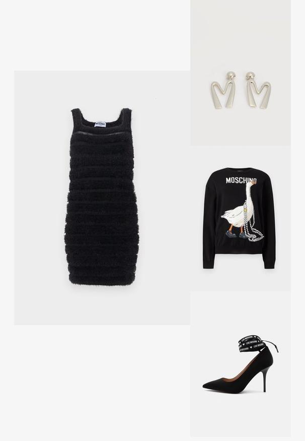 Pull noir avec une illustration d'une oie portant des chaussures et tenant des colliers de perles, avec le texte "MOSCHINO" au-dessus.; Robe noire cintrée sans manches avec des rayures horizontales texturées et duveteuses et un décolleté carré, étiquetée Moschino.; Escarpin noir à talon haut avec bout pointu et bride cheville avec le texte "LOVE MOSCHINO" et petits symboles de cœur blancs.; Paire de boucles d'oreilles en métal argenté en forme de lettre M angulaire avec des tiges arrondies sur fond blanc.