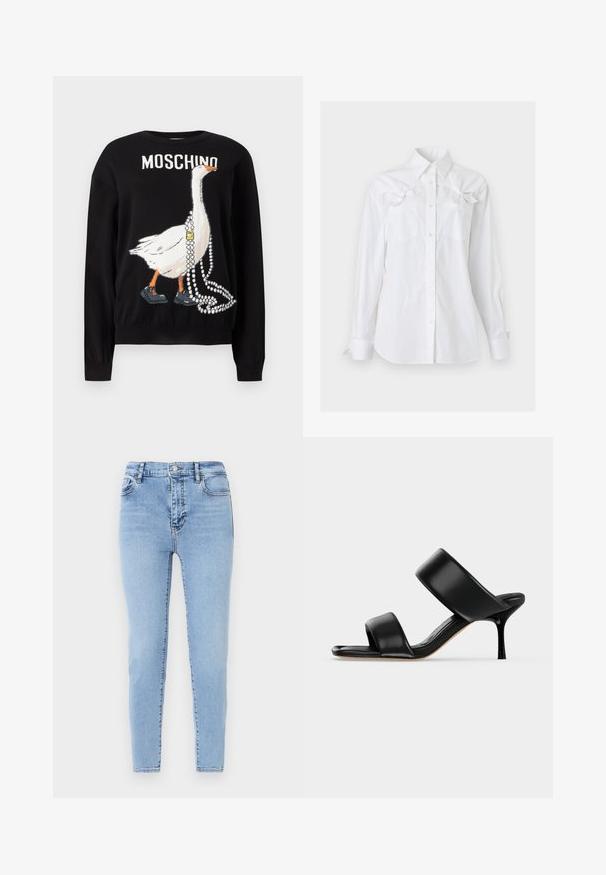 Sort sweater med en illustration af en gås iført sko og med perlekæder, med teksten "MOSCHINO" ovenover.; Hvid langærmet skjorte med krave og to brystlommer, hver med en dekorativ sløjfe nær toppen.; Lyseblå, højtaljede jeans med slank pasform. Fremstillet af denim med en subtil struktur, med en lukning foran med knap og baglommer.; Sort læder mule sandal med to brede remme og en slank mellemhøj stiletthæl på en ensartet lys baggrund.