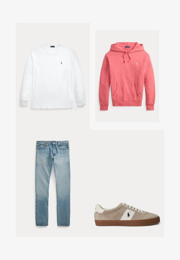 Roze capuchontrui gemaakt van zacht materiaal, met een voorvak in kangoeroestijl, geribbelde manchetten en een klein logo op de borst. Gemaakt met een relaxte pasvorm.; Witte longsleeve met ronde hals en klein geborduurd Polo Ralph Lauren-logo op de linkerborst.; Lichtblauwe rechte spijkerbroek met vijf zakken, knoopsluiting en subtiele vervaagde details rond de dijen en knieën.; Beige suède lage sneaker met witte veters, wit lederen accent met zwart paardenlogo en een bruine rubberen zool.