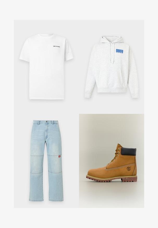 Light gray hoodie made from soft fabric, featuring a front kangaroo pocket and blue graphic text on the left chest. Adjustable drawstring hood.; White short-sleeve T-shirt with "OBEY STUDIOS" text printed in black on the upper left chest.; Light blue denim wide-leg jeans with knee panel details and a small red rectangular logo patch on the right thigh.; Brown leather ankle boot with black collar, yellow laces, and tan sole. Features logo and white stitching detail. Rugged traction outsole.