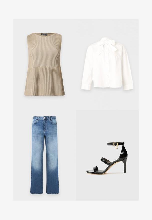 Haut beige sans manches en maille côtelée avec encolure ronde et ourlet évasé, présenté sur un fond blanc.; Blouse blanche à manches longues avec boutons, ornée d'un grand nœud noué au col, présentée sur un fond neutre et à plat.; Jean en denim bleu taille haute avec un dégradé passant du bleu clair au bleu plus foncé, équipé de poches avant et d'une fermeture à bouton.; Sandale en cuir verni noir avec trois brides, boucle de cheville et talon aiguille de 10 cm. Présente un détail en métal doré et un charm logo.