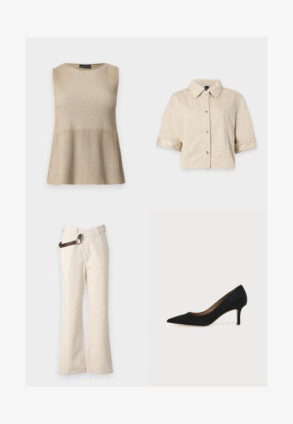 Mouwloos beige geribd gebreid topje met ronde halslijn en uitlopende zoom, gepresenteerd tegen een witte achtergrond.; Beige blouse met korte mouwen, knopen, een kraag en glanzende, patroonrijke omgeslagen manchetten op een witte achtergrond.; Pinko PAINT PANTALONE - Broek - beige betulla; Zwarte suède pumps met spitse neus, een slanke middenhoge naaldhak en een laag uitgesneden ontwerp op een effen achtergrond.