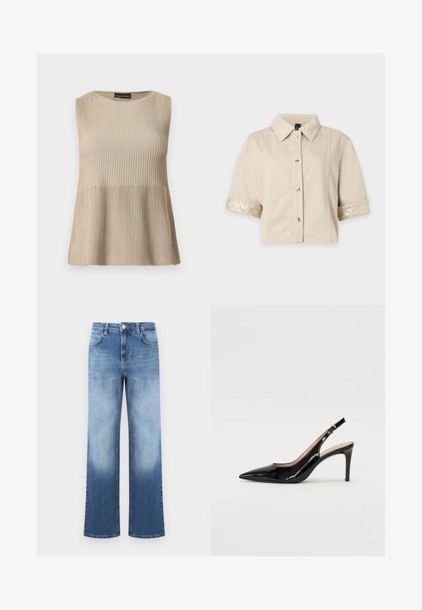 Haut beige sans manches en maille côtelée avec encolure ronde et ourlet évasé, présenté sur un fond blanc.; Chemise beige à manches courtes avec boutons, col et poignets retournés brillants et à motifs sur fond blanc.; Jean en denim bleu taille haute avec un dégradé passant du bleu clair au bleu plus foncé, équipé de poches avant et d'une fermeture à bouton.; Pompe slingback en cuir verni noir avec un bout pointu, un talon fin et un design de découpes subtil. Elle dispose d'une boucle dorée sur la sangle.