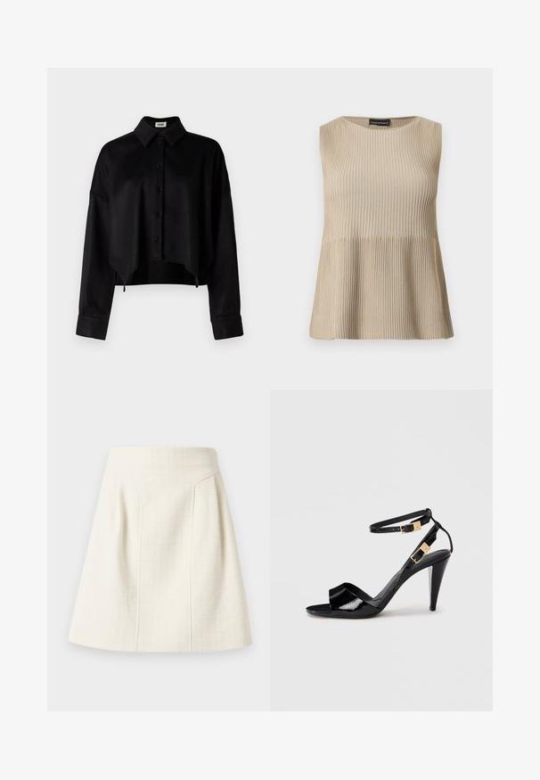 Ærmeløs beige ribstrikket top med rund halsudskæring og udvidet kant, vist på en hvid baggrund.; Sort cropped skjorte med knapper og krave, der har en glat tekstur, lange ærmer og en rundet kant. Knapperne er sorte.; Off-white tekstureret A-formet mininederdel med høj talje og diskrete lodrette syninger for formgivning.; Sorte patentlæder højhælede sandaler med dobbelte ankelremme og guldspænder, åben tå og slank taperet hæl på neutral baggrund.