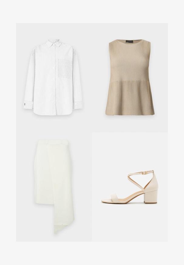 Haut beige sans manches en maille côtelée avec encolure ronde et ourlet évasé, présenté sur un fond blanc.; Chemise blanche à manches longues avec boutons, ornée de fines rayures noires verticales, poche avant asymétrique rayée, et poignets rayés.; Jupe blanche longueur genou au design ajusté. Présente un ourlet asymétrique et une surface lisse et texturée. Tissu léger.; Sandales à talon bloc beiges présentant un design minimaliste, bout ouvert et une sangle de cheville ajustable avec une boucle dorée. Texture lisse.