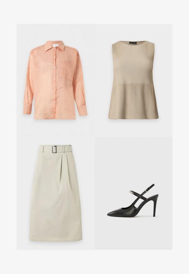 Haut beige sans manches en maille côtelée avec encolure ronde et ourlet évasé, présenté sur un fond blanc.; Chemise à manches longues couleur pêche claire avec col et une poche poitrine, présentée sur un fond blanc uni.; Jupe beige longueur genou avec pli avant et ceinture assortie dotée d'une boucle rectangulaire argentée, présentée sur un fond uni.; Escarpins slingback en cuir noir avec bout pointu, design ajouré et bride ajustable ornée de ferrures métalliques.