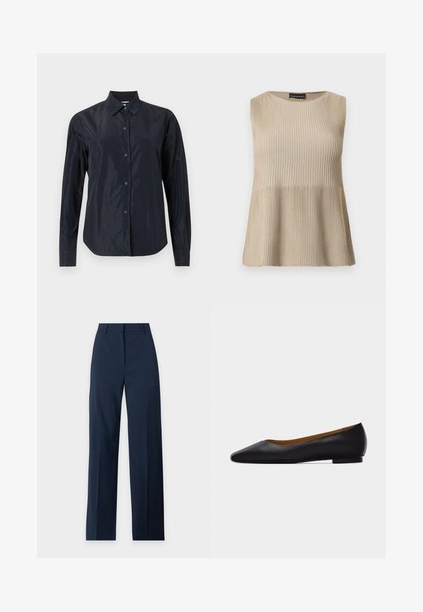 Haut beige sans manches en maille côtelée avec encolure ronde et ourlet évasé, présenté sur un fond blanc.; Chemise noire à manches longues avec boutons, col, tissu mat et poignets ajustés, présentée sur un fond clair neutre.; Pantalon bleu marine à jambes droites avec passants de ceinture, fermeture éclair à l'avant et taille propre sur un fond clair.; Chaussure plate en cuir noir à bout pointu avec talon bas et finition lisse, vue de côté sur un fond gris clair.