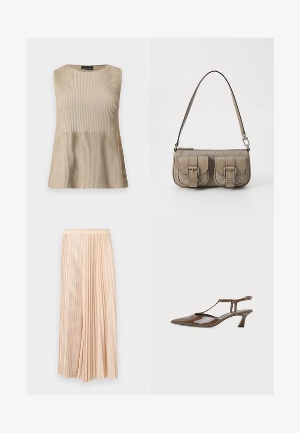 Haut beige sans manches en maille côtelée avec encolure ronde et ourlet évasé, présenté sur un fond blanc.; Jupe midi plissée bicolore beige avec ceinture élastique, combinant des plis fins et larges pour un look fluide et texturé.; Chaussure slingback en cuir verni marron, bout pointu, petit talon kitten, fine bride en T et fermeture à boucle à la cheville.; Sac à main beige avec accents de double boucle, surface texturée, fermeture éclair et une sangle réglable unique. Comprend un détail de logo sur le devant.
