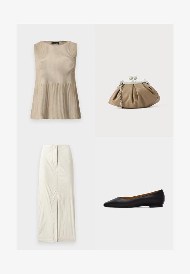 Mouwloos beige geribd gebreid topje met ronde halslijn en uitlopende zoom, gepresenteerd tegen een witte achtergrond.; Licht beige, knielange rok gemaakt van een gladde, textuurstof. Heeft een split aan de voorkant en een knoopsluiting in de taille.; Zwarte leren puntschoen met lage hak en gladde afwerking, zijaanzicht op een lichtgrijze achtergrond.; Leren clutch in zacht beige met een afgeronde vorm, geplooide textuur, zilveren kiss-lock sluiting en een afneembare kettingriem.