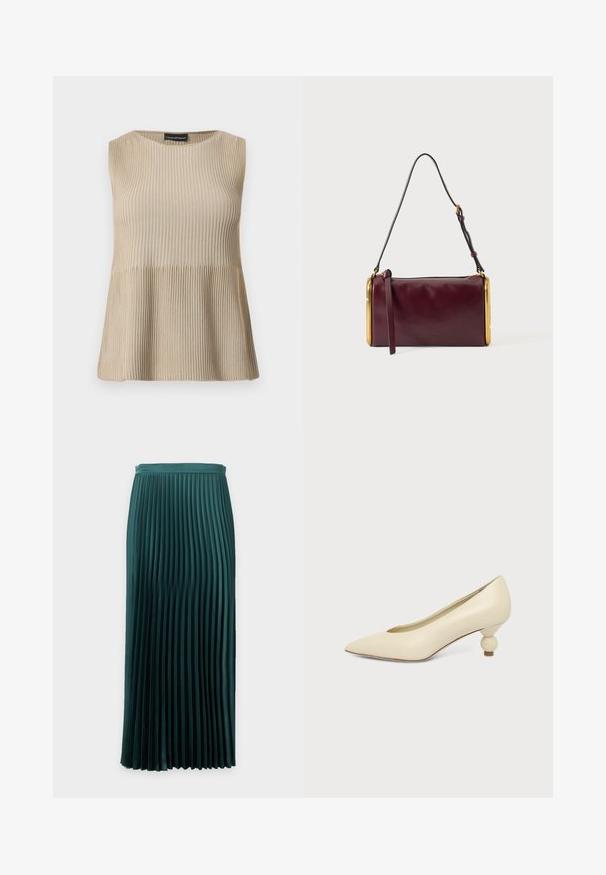 Haut beige sans manches en maille côtelée avec encolure ronde et ourlet évasé, présenté sur un fond blanc.; Jupe plissée mi-longue vert foncé avec une taille ajustée et des plis verticaux uniformément espacés.; Chaussure femme couleur crème à bout pointu avec un petit talon rond en forme de boule, sur fond uni.; Sac d'épaule cylindrique en cuir bordeaux avec accents en métal doré et bandoulière noire réglable sur fond gris clair.