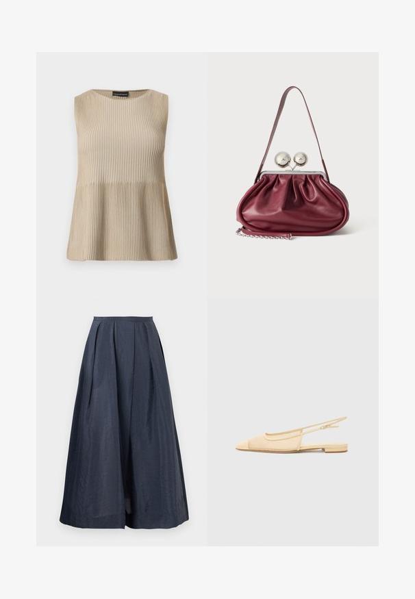Sleeveless beige ribbed knit top with round neckline and flared hem, displayed on a white background.; Navy blue midi skirt with high waist, wide flare, and subtle pleats on a plain background.; Slingback flat shoe in light beige with a mesh upper, pointed toe, and a low heel. Features an adjustable strap for fit.; Small burgundy leather handbag with gathered details, a thin strap, and a silver clasp featuring two large round knobs.