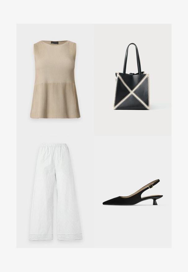 Haut beige sans manches en maille côtelée avec encolure ronde et ourlet évasé, présenté sur un fond blanc.; Pantalon blanc à jambes larges avec fines rayures verticales grises, taille élastique et détails à rayures horizontales à l'ourlet.; Chaussure slingback noire à bout pointu, petit talon kitten et bride à boucle dorée, présentée de profil sur fond uni clair.; Sac fourre-tout en cuir noir avec des coutures crème formant un motif en X. Il dispose de deux poignées noires et d'une forme non structurée.