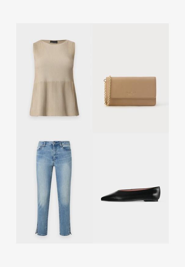 Haut beige sans manches en maille côtelée avec encolure ronde et ourlet évasé, présenté sur un fond blanc.; Jean en denim bleu clair délavé avec bouton à l'avant, poches et fentes aux chevilles des deux côtés, présenté sur fond blanc.; Chaussure plate en cuir noir pour femme, avec bout pointu et petit talon, vue de côté sur un fond gris clair uni.; Portefeuille en cuir beige à rabat, avec une bandoulière chaîne dorée et un logo embossé sur le devant. Texture lisse, forme rectangulaire.