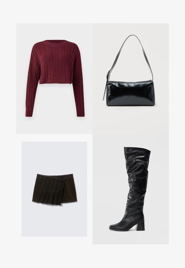 Suéter corto burdeos con un patrón de punto trenzado, mangas largas y un cuello y puños acanalados, mostrando un tejido texturizado.; Falda de mezclilla negra con un diseño plisado que presenta cinco pliegues verticales, una cinturilla y una textura suave. No hay hardware adicional visible.; Botas negras hasta la rodilla hechas de cuero brillante con un diseño arrugado, puntera afilada y un tacón grueso. Textura suave con un brillo sutil.; Bolso de hombro rectangular negro con una correa ajustable y un cierre de cremallera superior sobre un fondo liso.
