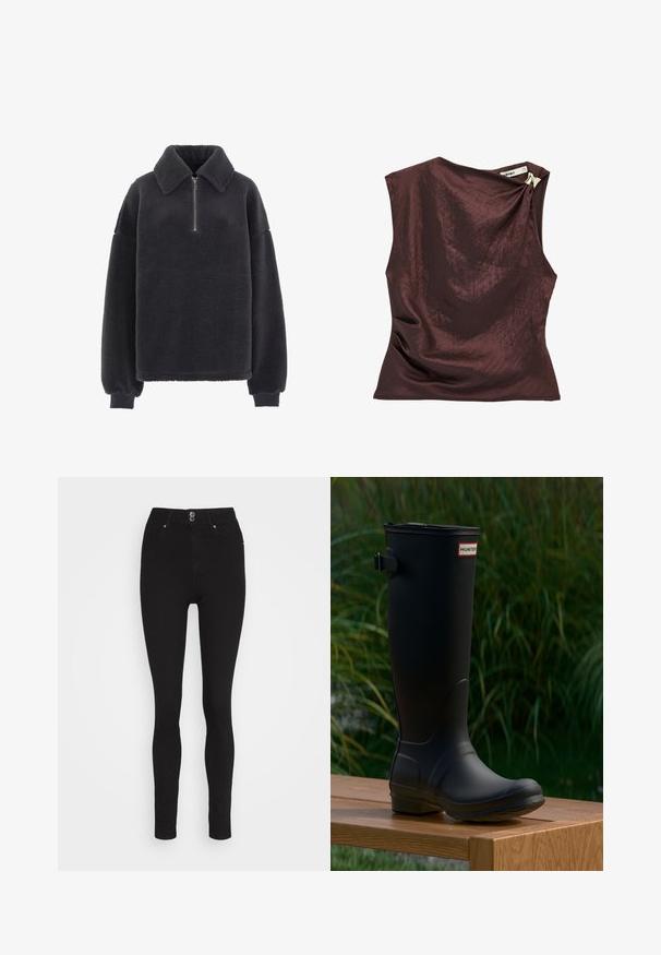 Fleece pullover in donkergrijs met een ritskraag, ingezette schoudernaden en elastische manchetten. Zachte textuur met een casual, ontspannen pasvorm.; Mouwloze donkerbruine satijnen top met een gedrapeerde halslijn en een gouden decoratieve gesp op de rechter schouder.; Zwarte high-waisted skinny jeans van rekbaar denim, met een knoop- en ritssluiting, vijf zakken en een gladde afwerking.; Zwarte rubberen kniehoge laars met een ronde neus, een lichte hak en een gespsluiting. Bevat het "HUNTER" logo op de voorkant.