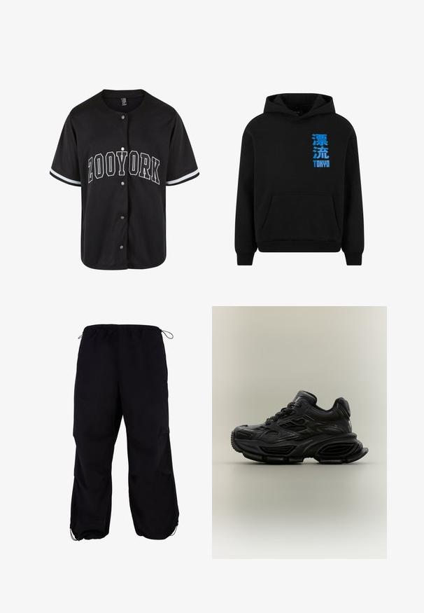 Sudadera negra con bolsillo frontal, con texto japonés azul y "TOKYO" en el lado izquierdo. Tejido suave, diseño de tipo pullover, puños acanalados.; Jersey negro de manga corta con cierre de botones, con "ZOOYORK" impreso en letras blancas en negrita, que presenta franjas blancas en contraste en las mangas.; Pantalones cargo negros, holgados, con cinturilla elástica y cordón ajustable. Presenta bolsillos con cremallera y puños en los tobillos.; Zapatilla deportiva negra y gruesa con diseño texturizado, suela gruesa y cierre de cordones mostrada sobre un fondo neutro y sencillo.