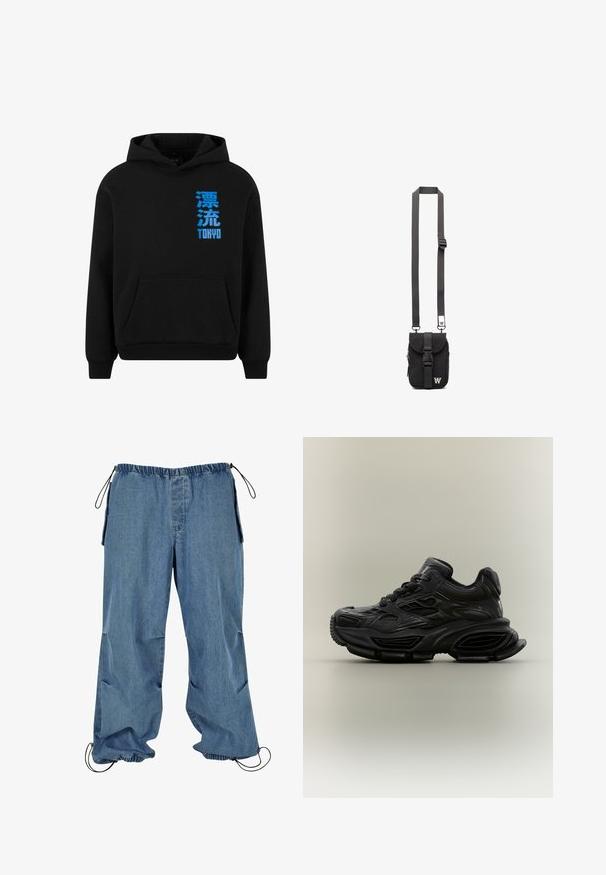 Zwarte hoodie met een voorkeep, met blauwe Japanse tekst en "TOKYO" aan de linkerkant. Zacht materiaal, pullover ontwerp, ribgebreide mouwen.; Loszittende blauwe spijkerbroek met een elastische taille en verstelbare trekkoorden bij taille en enkels, zijzakken en een ontspannen pasvorm.; Zwarte chunky sneaker met textuurontwerp, dikke zool en vetersluiting, weergegeven tegen een eenvoudige neutrale achtergrond.; Zwarte stoffen schoudertas met een verstelbare strap, voorflap en een ritsvak. Heeft merkhardware en een compacte rechthoekige vorm.