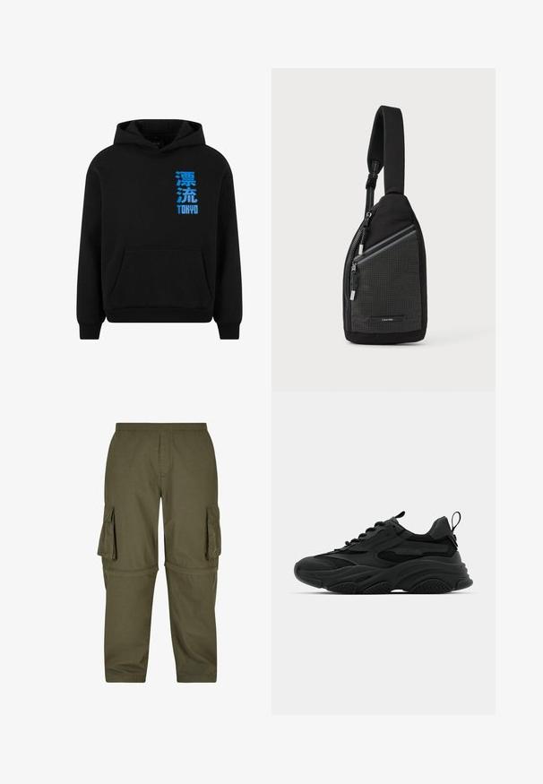 Schwarze Kapuzenjacke mit einer Fronttasche, die blauen japanischen Text und "TOKYO" auf der linken Seite zeigt. Weicher Stoff, Pullover-Design, gerippte Bündchen.; Olivgrüne Cargo-Hosen aus leichtem Material, mit mehreren Seitentaschen, einem elastischen Bund und einem geraden Schnitt.; Schwarze Sportschuhe mit einer dicken Sohle, Mesh-Einsätzen und Gummidetails. Verfügen über eine Zuglasche an der Ferse und strukturierte Muster.; Schwarze Umhängetasche mit strukturiertem Design im Rastermuster, verstellbarem Riemen und Reißverschlusstasche mit silberfarbenen Beschlägen.