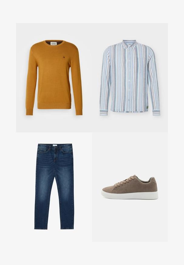 Sennepsgul strikket sweater med rund hals, lange ærmer og ribbede manchetter. Har et lille sort logo på brystet.; Langærmet skjorte med knapper, med lodrette striber i blå, hvid, grå og lys turkis, med krave og brystlomme.; Mørkeblå slim-fit jeans med falmede detaljer, klassisk fem-lomme design, knappelukning og bæltestropper.; Brune ruskinds sneakers med flade hvide gummisåler, snørelukning, rund tå og en glat overflade. Minimalistisk stil med diskrete syninger.