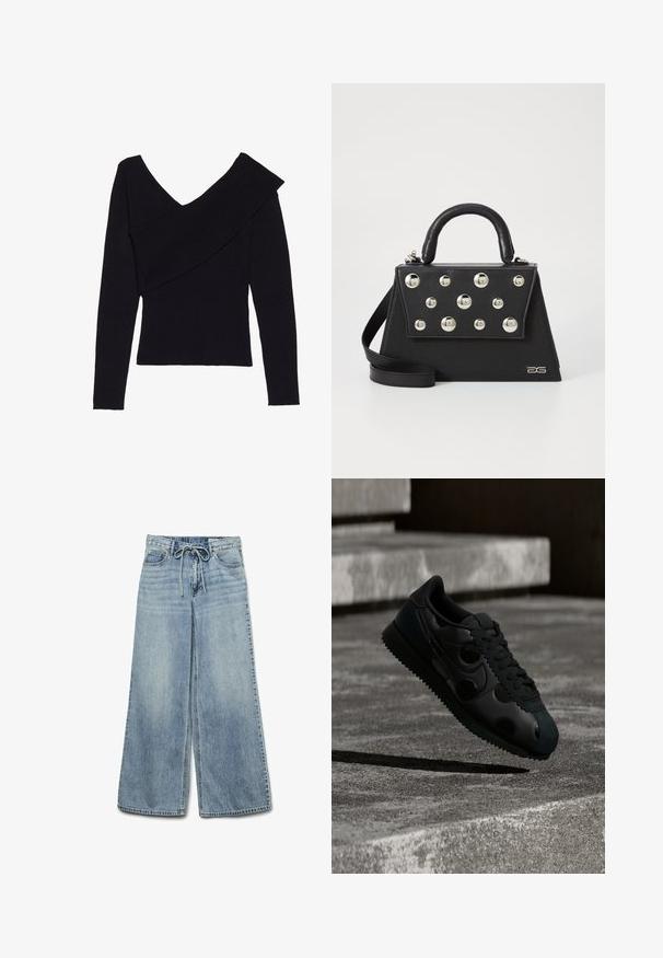 Even&Odd Striktrøje - black; Lysblå vide jeans lavet af denim med elastisk talje og snørrebånd, der har forlommer og en falmet tekstur.; Sort sneakersko med rillet sål og cirkulært detaljer på siden, svævende over en betonoverflade med trapper i baggrunden.; Sort håndtaske med en struktureret form, der har et håndtag på toppen, skulderrem og dekorative metalnitter på forsiden.