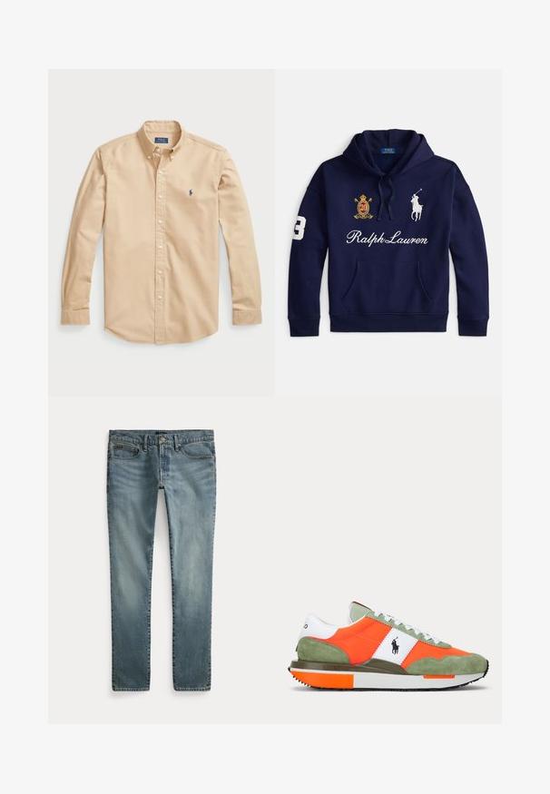 Námornícky modrá mikina s kapucňou s predným vreckom, bielym logom Polo Ralph Lauren, vyšívaným erbom s číslom 20 a číslom 3 na rukáve.; Svetlo béžová košeľa s gombíkmi z bavlny, ktorá má klasický golier, dlhé rukávy, biele gombíky a malé modré logo na hrudi.; Modré džínsové nohavice s rovnými nohavicami, prednými vreckami, pútkami na opasok a zapínaním na gombíky.; Nízke tenisky s jasne oranžovým a zeleným semišom a bielymi panelmi, s bielymi šnúrkami a čiernym logom koňa na boku.