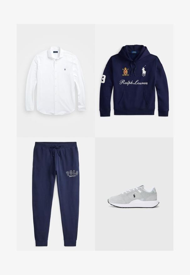 Marineblauwe hoodie met een voorvak, wit Polo Ralph Lauren-logo, geborduurde crest met nummer 20 en nummer 3 op de mouw.; Witte lange mouwen knoopshirt van katoen. Heeft een klassieke kraag, normale pasvorm en een klein marineblauw logo op de borst.; Marineblauwe katoenen joggers met elastische tailleband en verstelbare trekkoord. Voorzien van een geborduurd "POLO"-logo in het wit op de linkerdij.; Grijze sport schoenen met een ontwerp van mesh en suède, voorzien van witte veters en een zwart logo aan de zijkant, tegen een effen achtergrond.