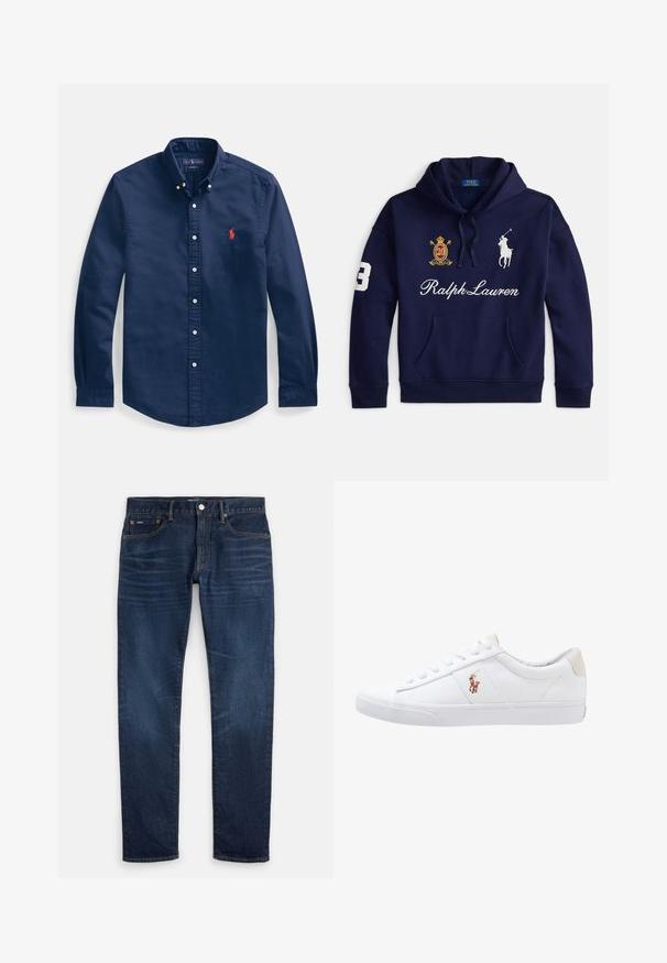 Námornícky modrá mikina s kapucňou s predným vreckom, bielym logom Polo Ralph Lauren, vyšívaným erbom s číslom 20 a číslom 3 na rukáve.; Tmavomodrá bavlnená košeľa na gombíky s špicatým golierom, dlhými rukávmi a malým červeným vyšívaným logom na hrudi.; Tmavomodré slim-fit rifle s jemným vyblednutím na stehnách, dizajn s piatimi vreckami a zapínaním na gombík v páse.; Biele plátenné tenisky s nízkym strihom, ktoré majú béžový opasok na päte a malé vyšívané logo na boku. Gumová podrážka.